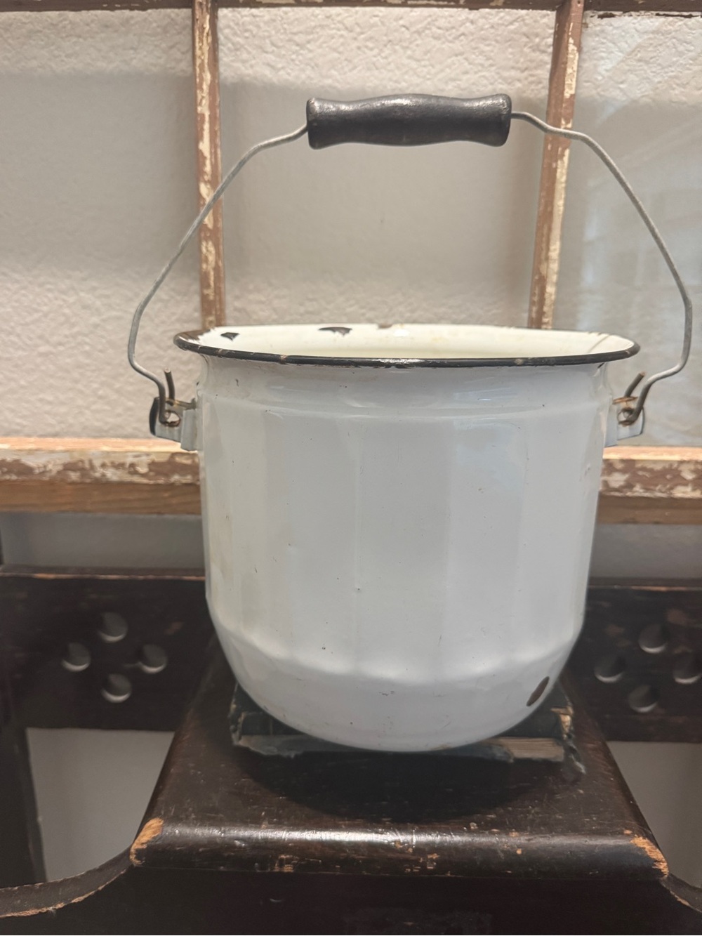 Vintage White and Black Enamel Bucket with Handle